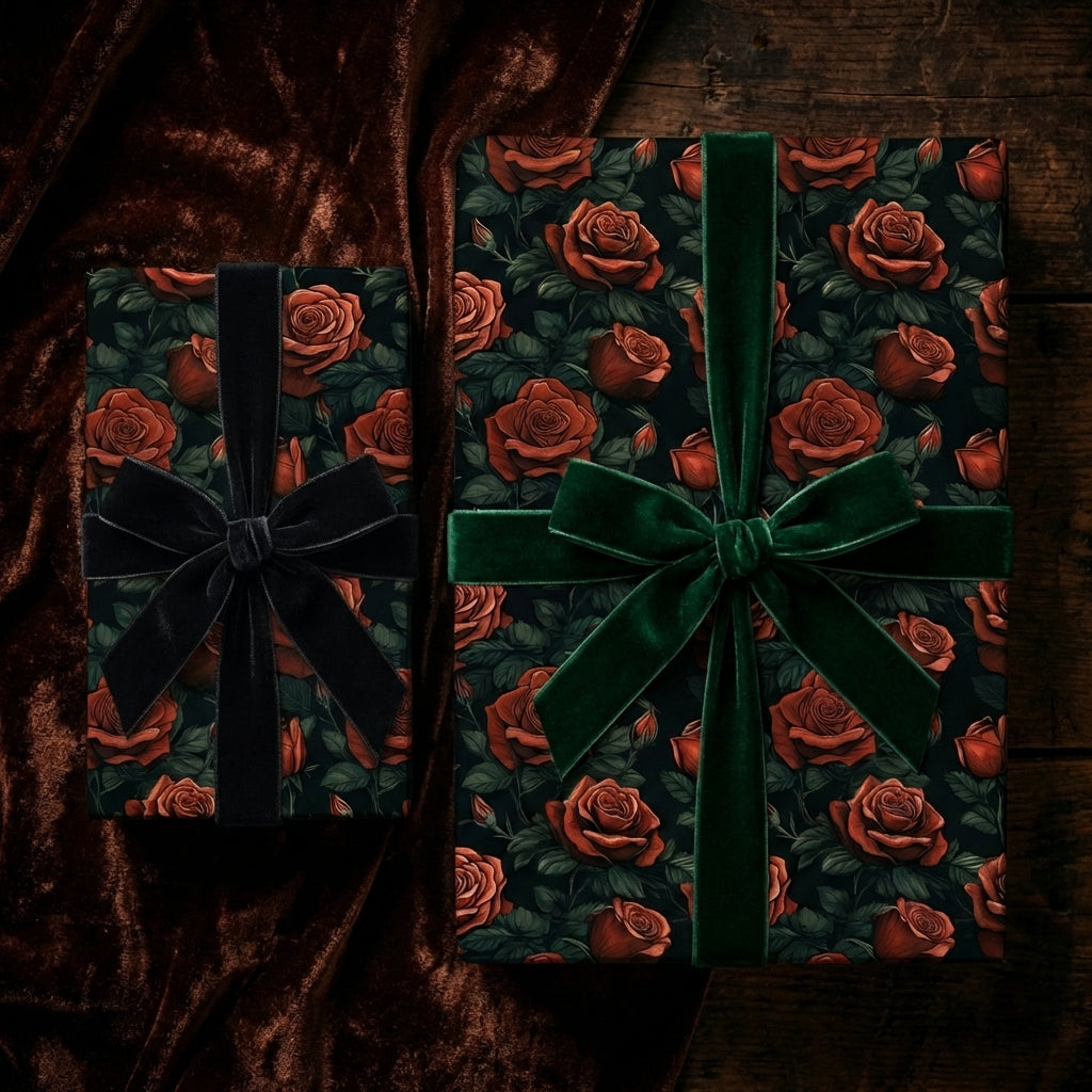 Elegant gifts wrapped in dark floral wrapping paper with velvet ribbons from Wrapped Studios.