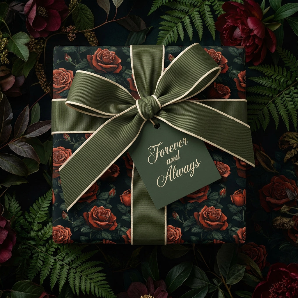 Elegant floral wrapping paper with red roses, tied with an olive green ribbon and “Forever and Always” tag.