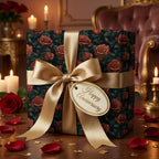 Luxury anniversary gift wrapped in floral rose wrapping paper with a gold satin ribbon bow.