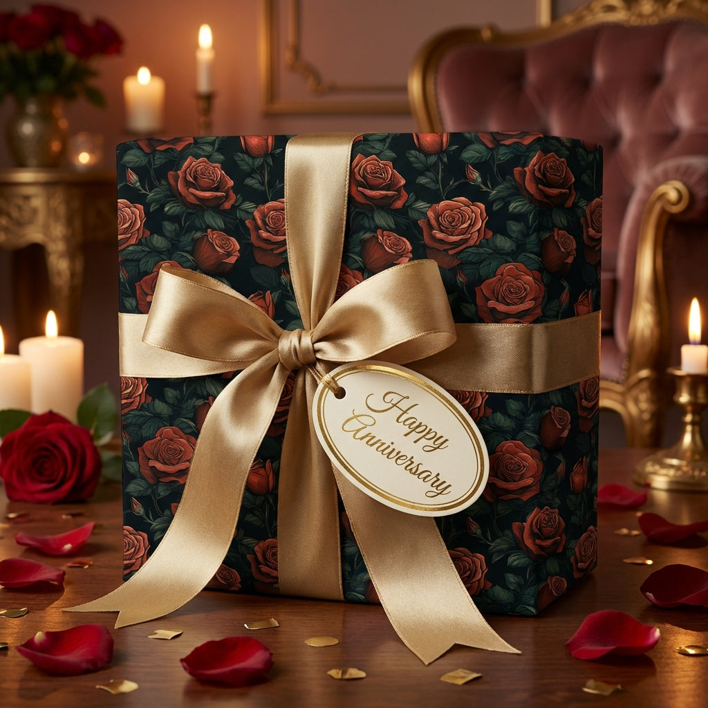 Luxury anniversary gift wrapped in floral rose wrapping paper with a gold satin ribbon bow.