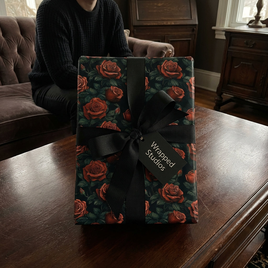 Elegant rose floral wrapping paper with black ribbon from Wrapped Studios.