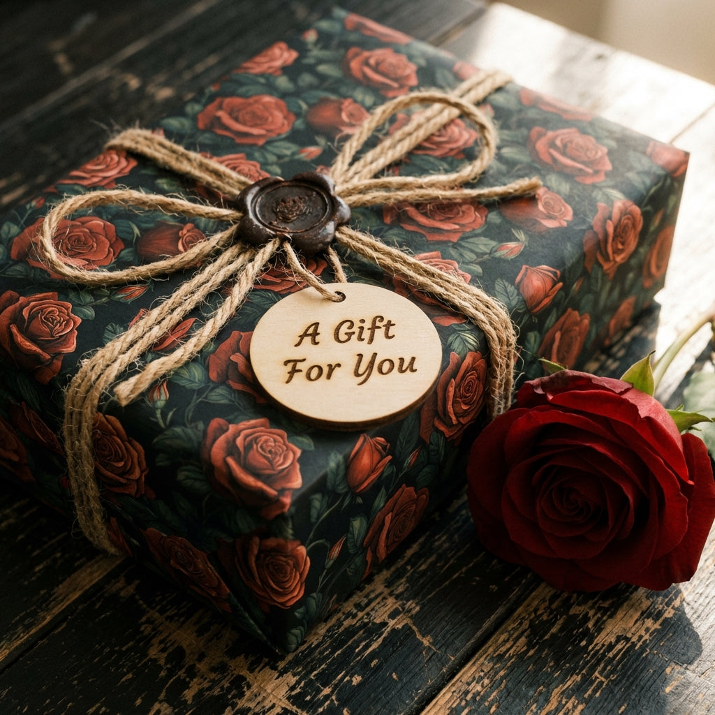 Elegant floral wrapping paper with roses and a "A Gift For You" tag.