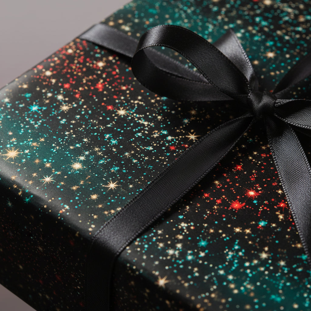 Elegant galaxy wrapping paper with a black satin ribbon on a neatly wrapped gift box.