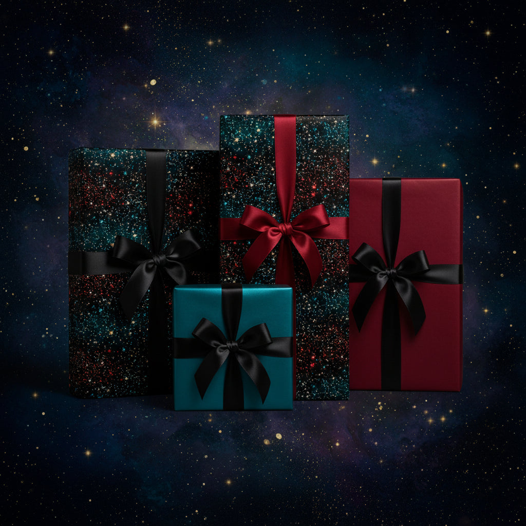 Luxury Christmas gift wrap with galaxy-patterned paper, red/black satin ribbons on square and rectangular boxes against a starry background.