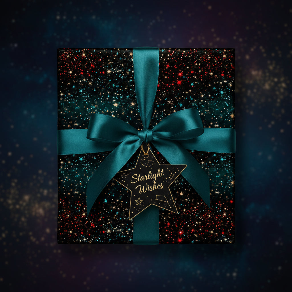 Elegant Christmas gift wrapped in starry night wrapping paper with a teal ribbon and "Starlight Wishes" tag.