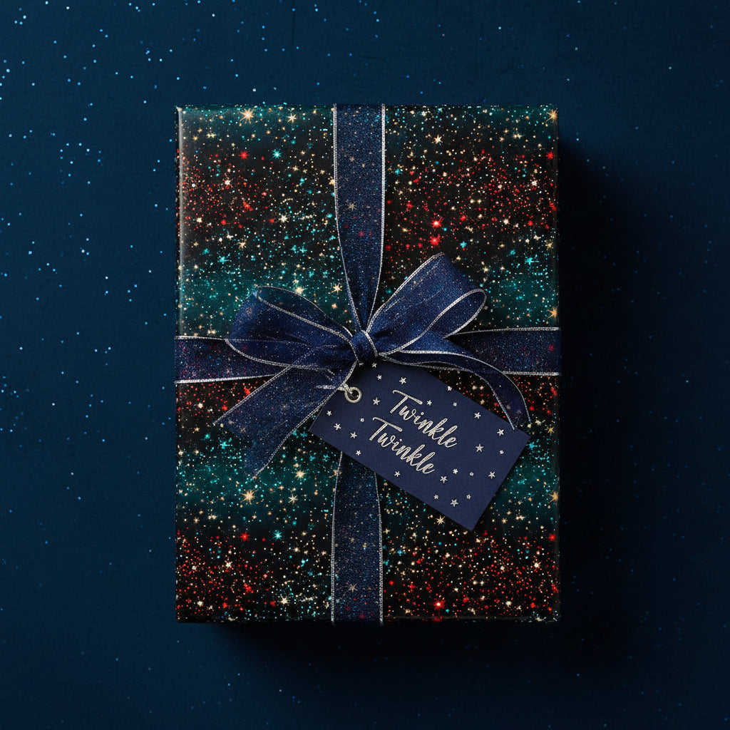 Elegant gift wrapped in celestial starburst wrapping paper with navy ribbon and "Twinkle Twinkle" gift tag.