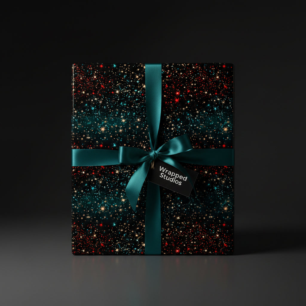 Elegant gift wrapped in black constellation wrapping paper with teal ribbon.