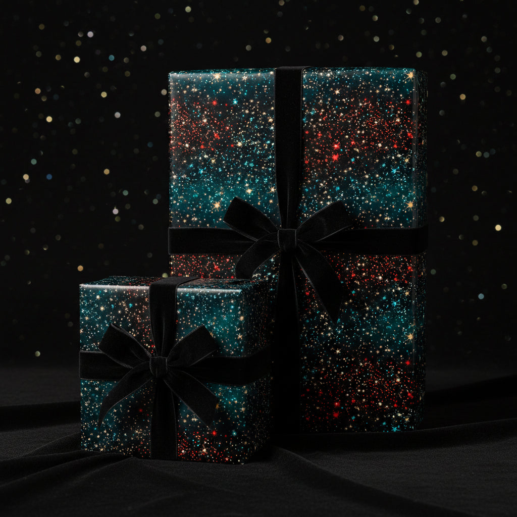 Elegant gifts wrapped in celestial starburst wrapping paper with black velvet ribbon.