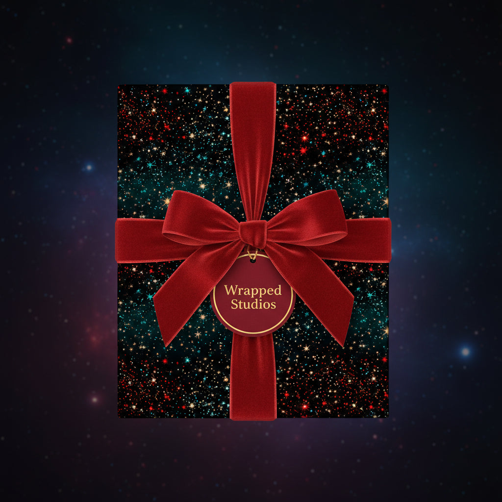 Elegant gift box wrapped in galaxy print wrapping paper with velvet red bow.