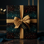 Elegant gift wrapped in starry night wrapping paper with gold ribbon.