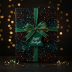 Elegant black wrapping paper with a starburst pattern, tied with a green ribbon and "Joyful Starlight" tag.