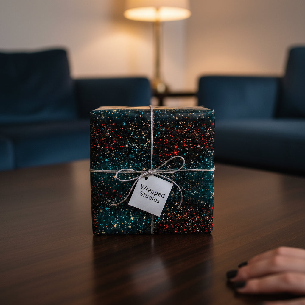 Square gift wrapped in starry night wrapping paper with silver twine and tag.
