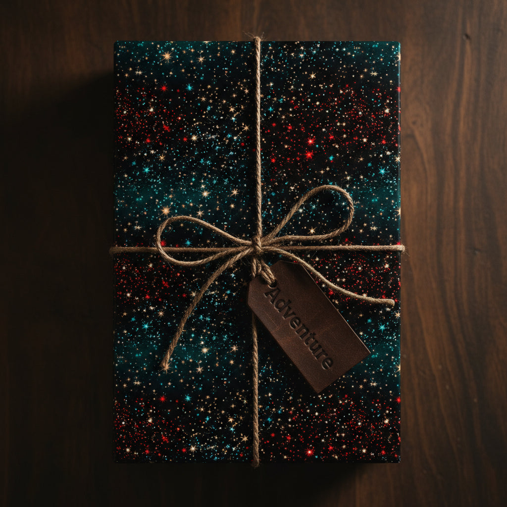Gift wrapped in galaxy print paper, tied with twine and an 'Adventure' tag.