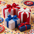Patriotic red, white, and blue polka dot gift wrap with festive ribbons by Wrapped Studios.