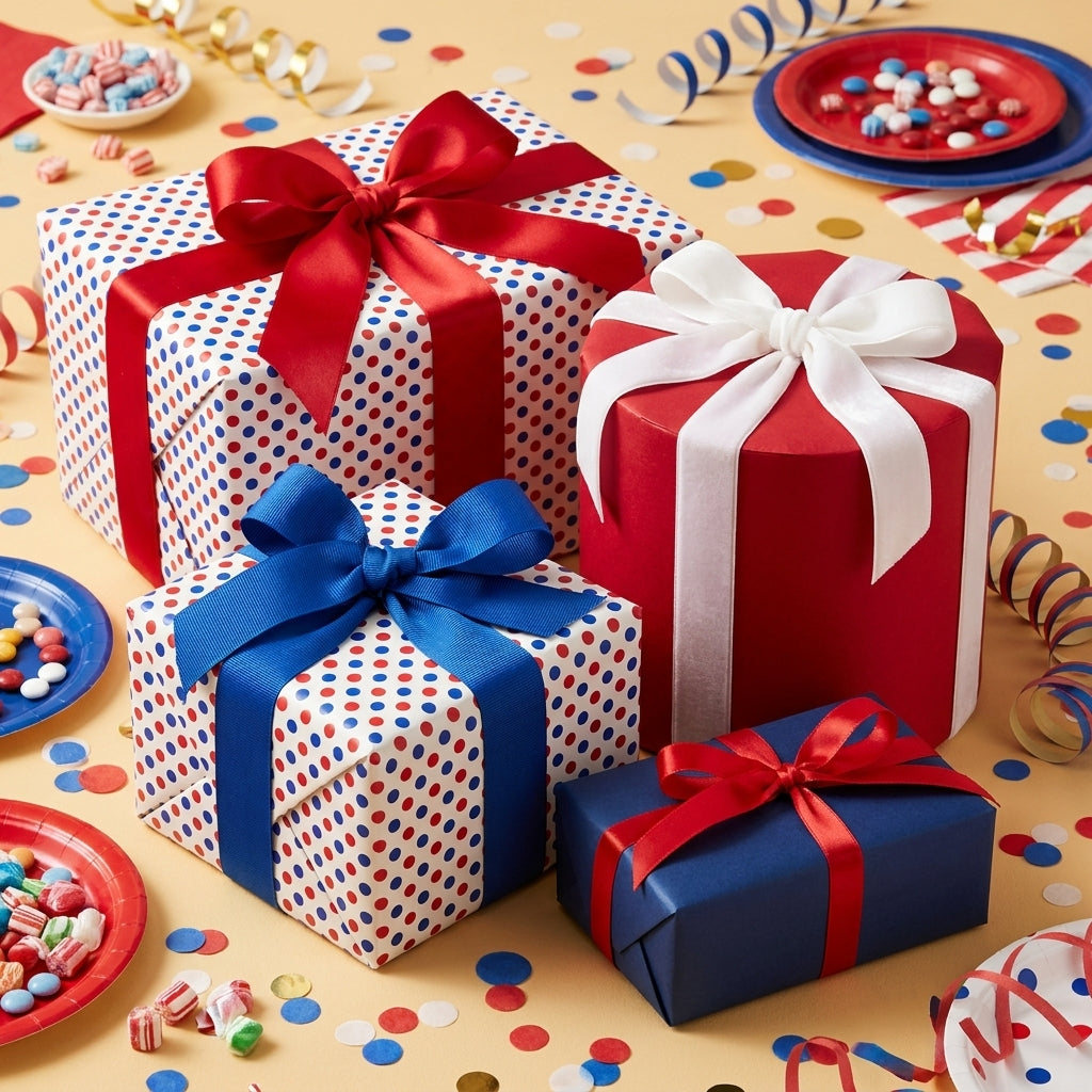 Patriotic red, white, and blue polka dot gift wrap with festive ribbons by Wrapped Studios.