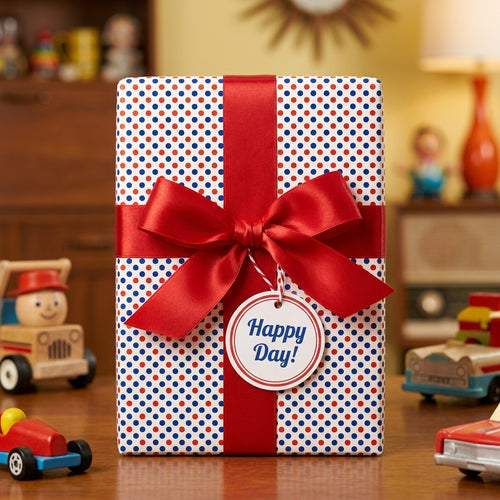 Red and blue polka dot birthday wrapping paper with a red bow and gift tag, by Wrapped Studios.