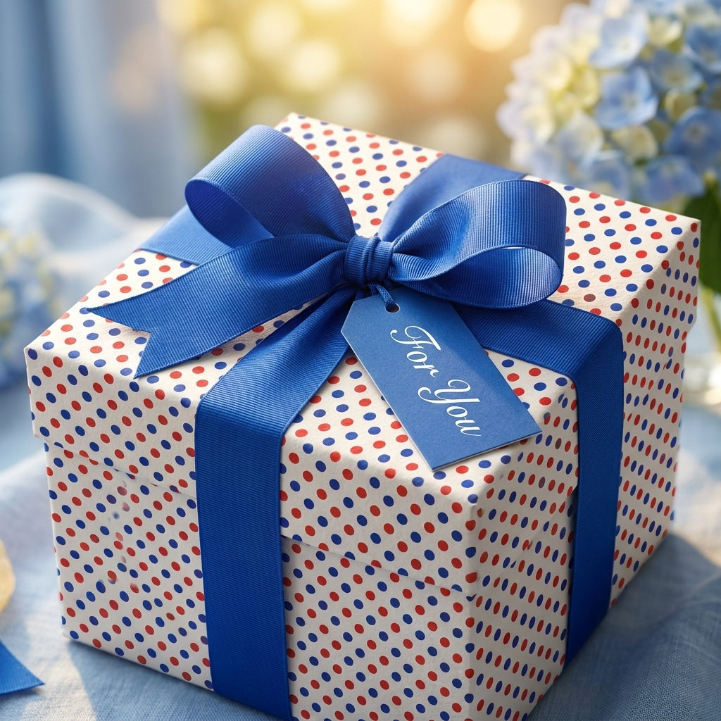 Red and blue polka dot wrapping paper with a royal blue ribbon and 'For You' tag, by Wrapped Studios.