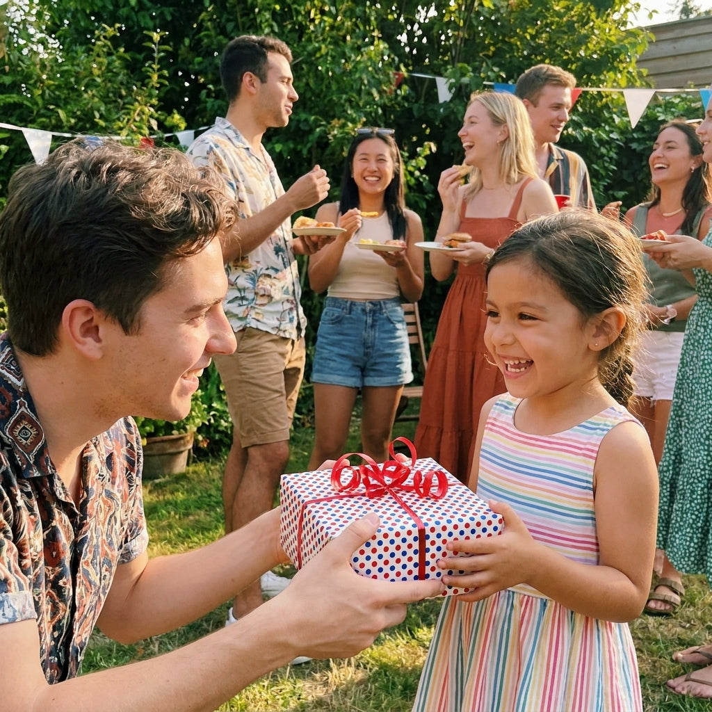 Girl receiving a birthday gift wrapped in red and blue polka dot wrapping paper by Wrapped Studios.
