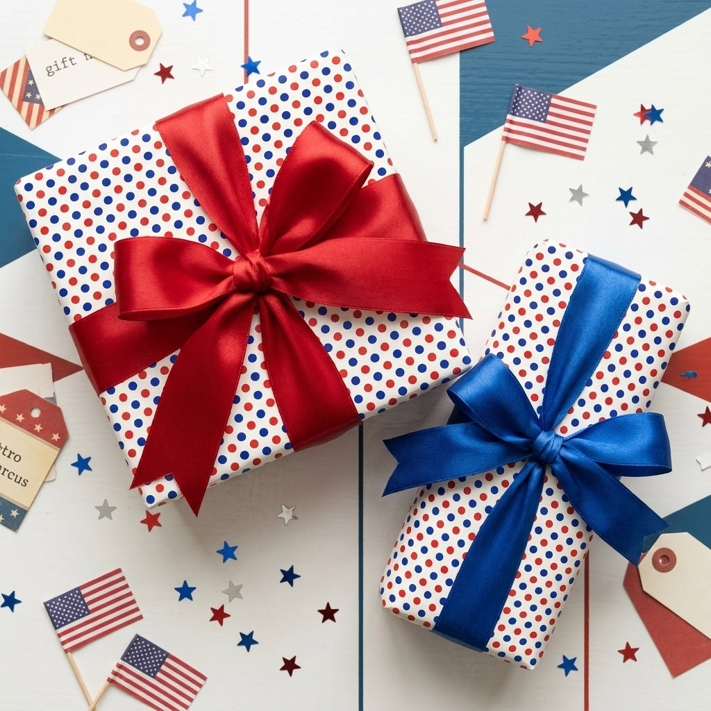 Patriotic 4th of July polka dot wrapping paper with red and blue satin bows by Wrapped Studios.