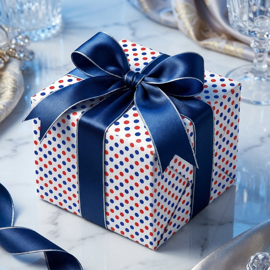 Red and blue polka dot wrapping paper with a navy satin bow on a gift box, by Wrapped Studios.