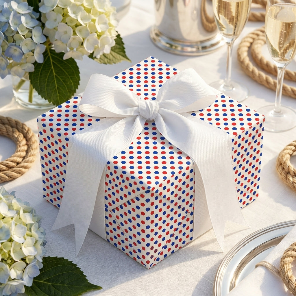Patriotic red, white and blue polka dot wrapping paper with a white bow by Wrapped Studios.