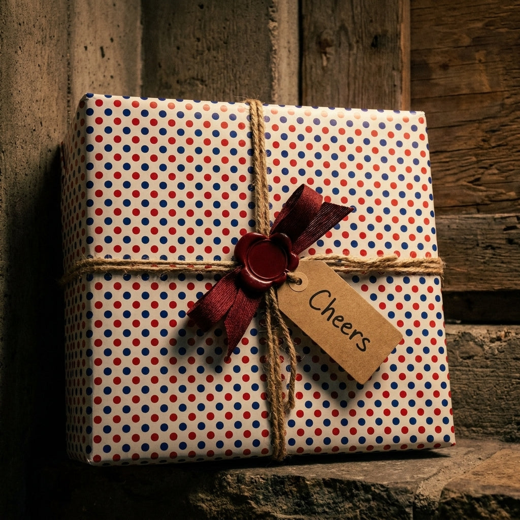 Red and blue polka dot wrapping paper with a rustic twine bow and Cheers tag by Wrapped Studios.