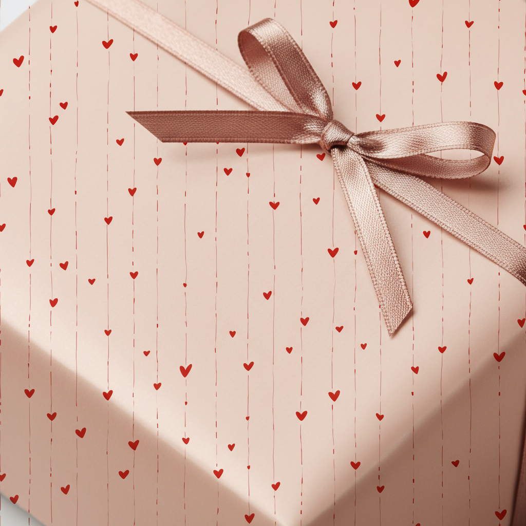 Romantic light pink wrapping paper with red heart pattern and a delicate satin ribbon bow, perfect for Valentine's Day or anniversary gifts.