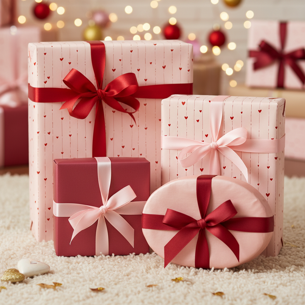 Romantic light pink wrapping paper with small red hearts and elegant red and pink bows, perfect for Valentine's Day or anniversary gifts.