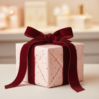 Pink luxury gift wrap with tiny red hearts and a rich red velvet bow, perfect for a romantic gift, Valentine's Day, or anniversary.