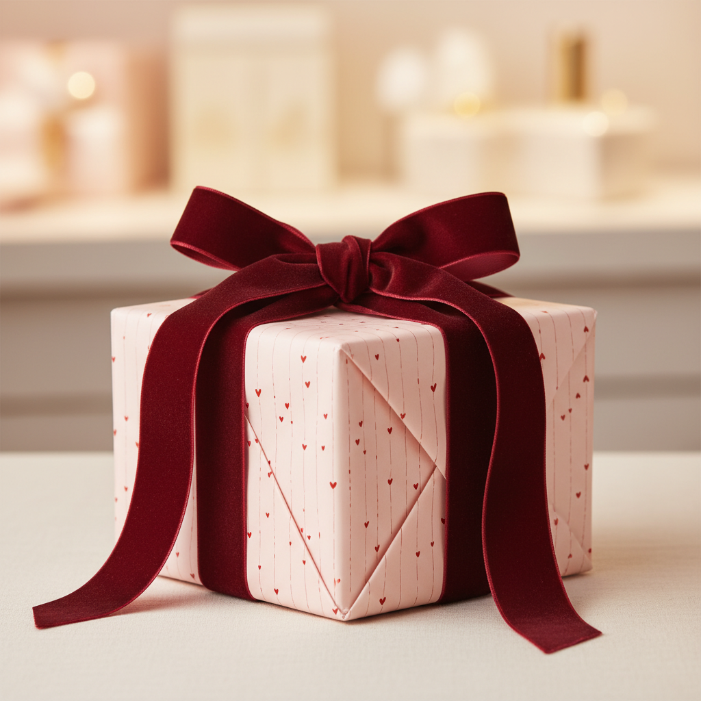 Pink luxury gift wrap with tiny red hearts and a rich red velvet bow, perfect for a romantic gift, Valentine's Day, or anniversary.