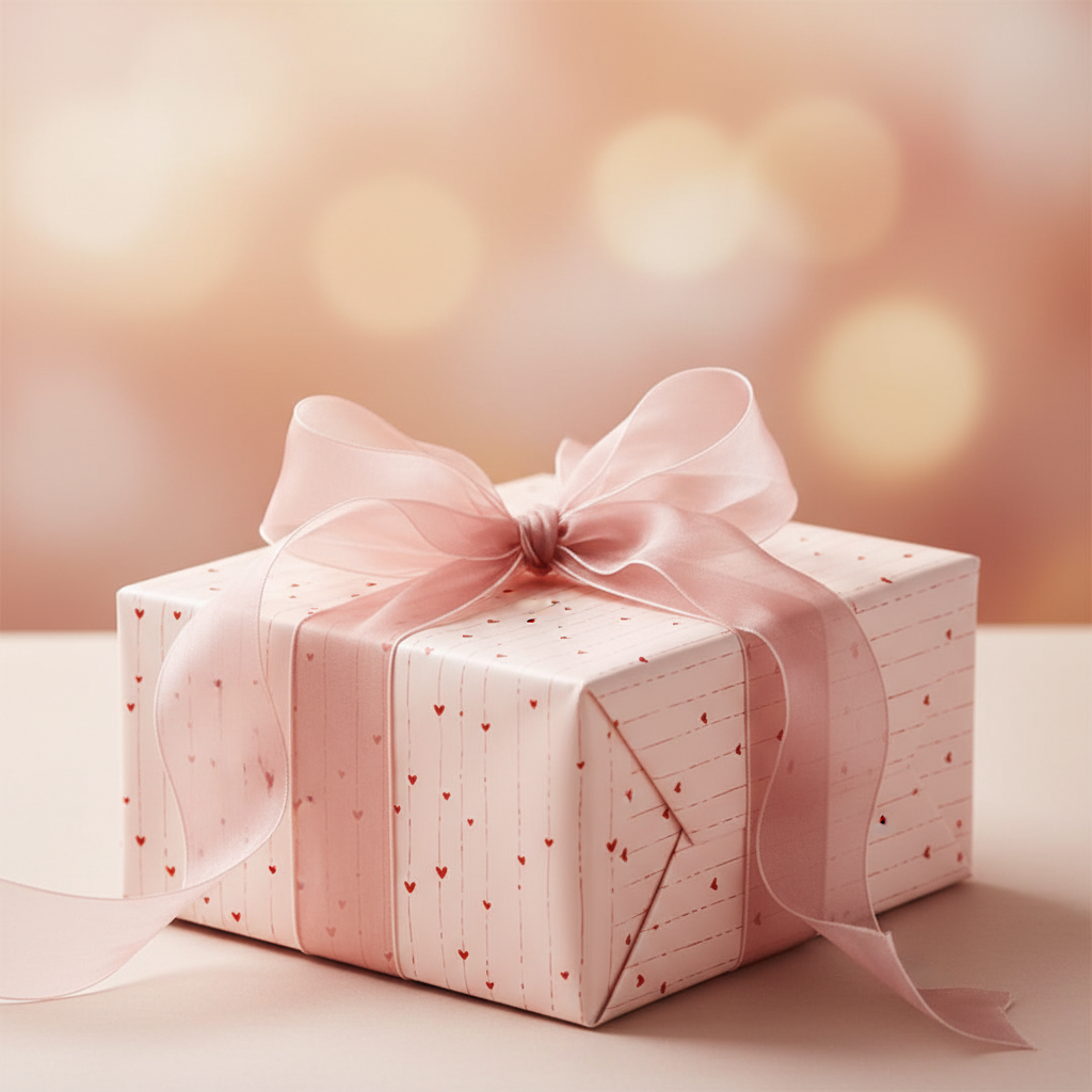 Elegant pink wrapping paper with a delicate heart pattern and a sheer organza ribbon, perfect for luxury birthday or wedding gifts.