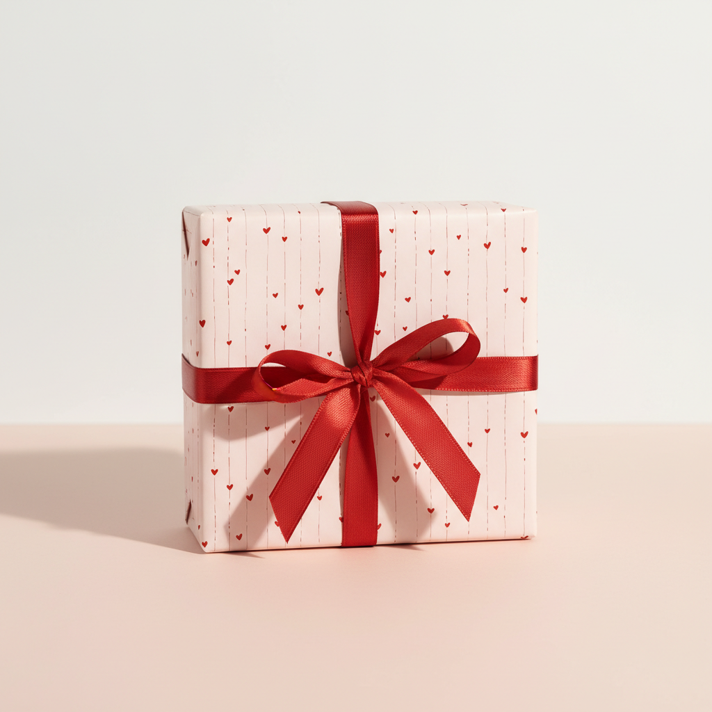 Elegant pink heart pattern wrapping paper with a red satin ribbon bow, perfect for a romantic gift, Valentine's Day, or anniversary.