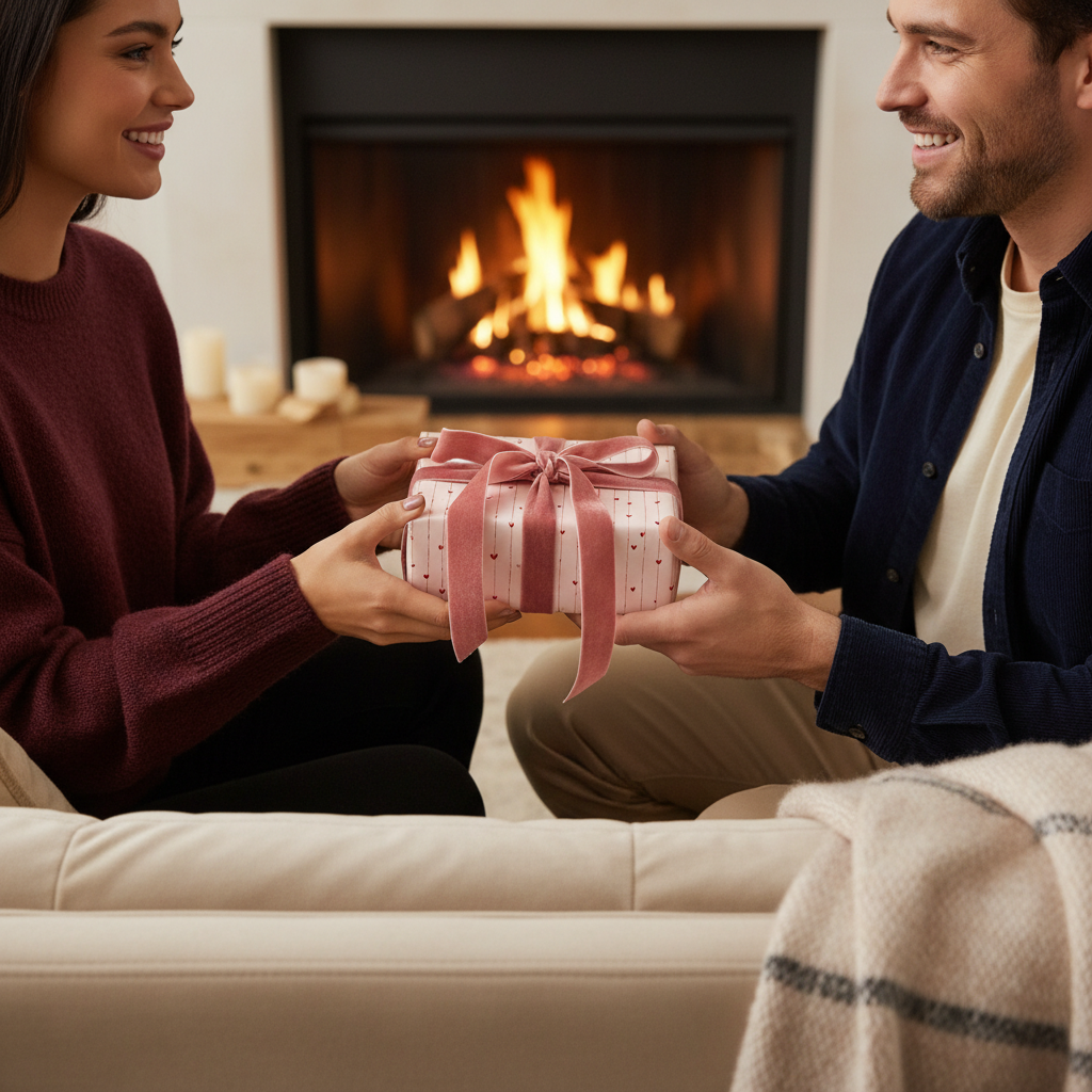Young couple exchanging a pink heart-patterned gift box with a velvet ribbon, cozy by a fireplace.