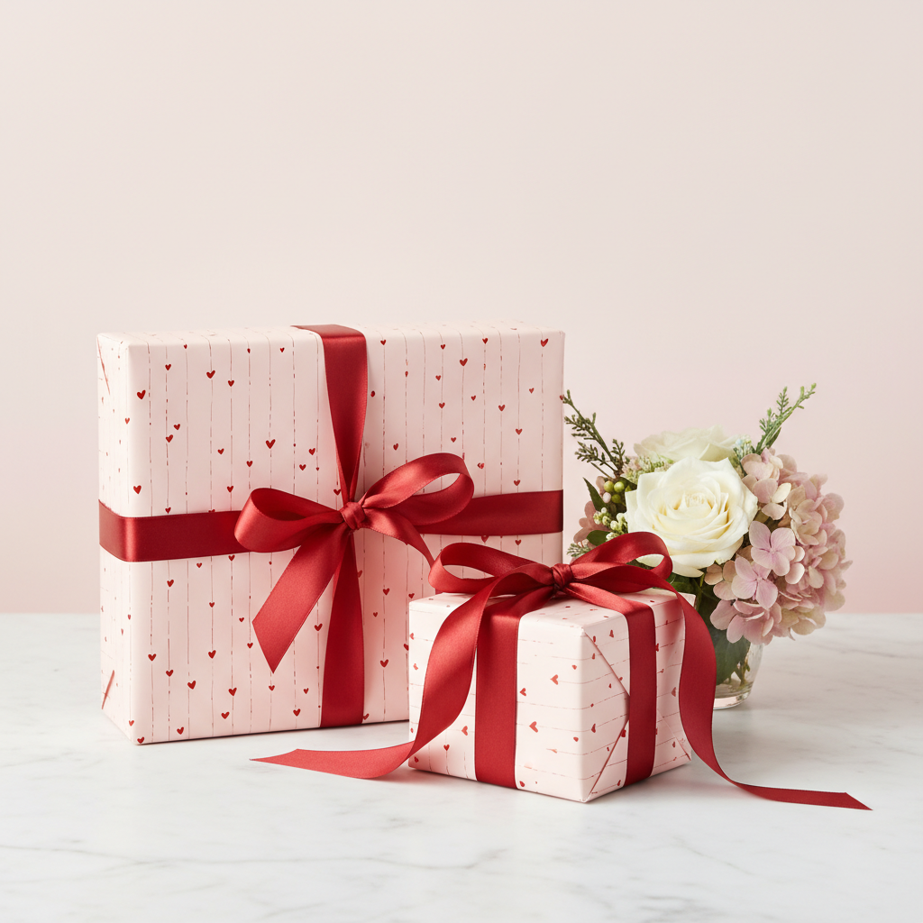 Elegant pink wrapping paper with tiny red hearts and a deep red satin ribbon, perfect for luxury Valentine's Day or anniversary gifts.