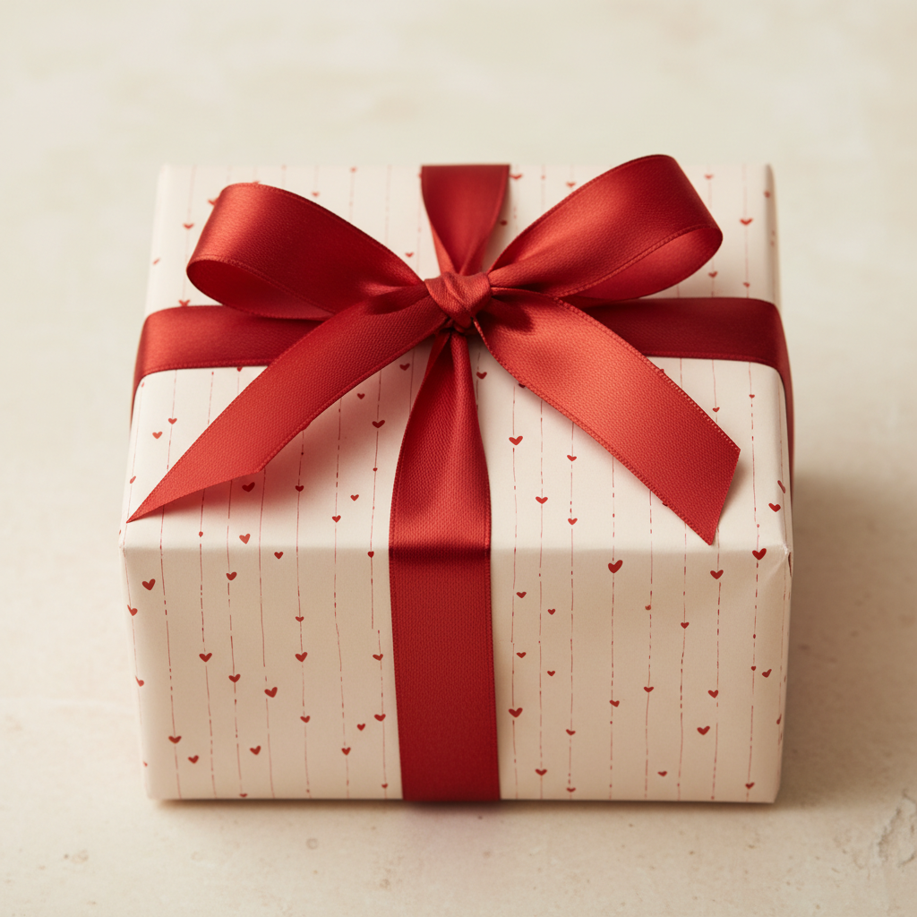 Valentine's Day gift wrap with a delicate red heart pattern and a luxurious red satin ribbon bow.