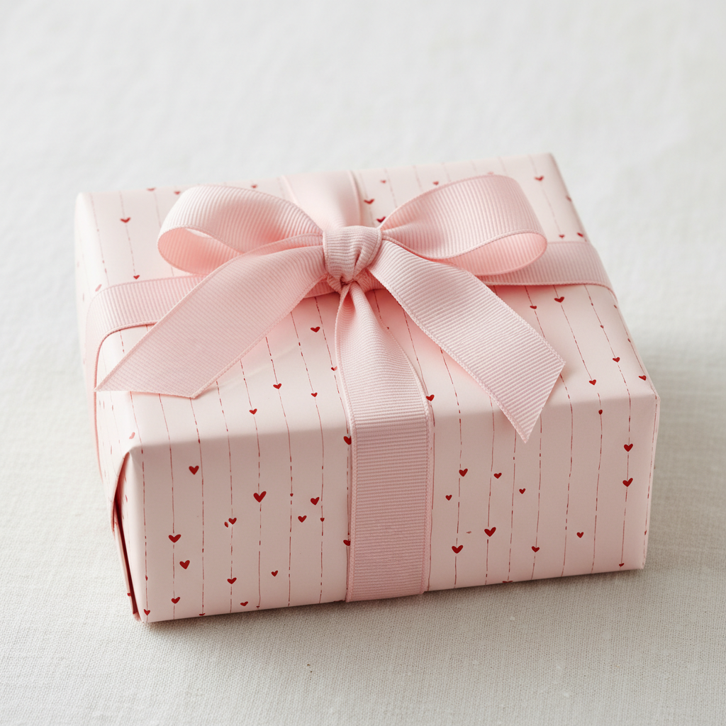 Pink wrapping paper with red hearts and a matching pink ribbon bow, perfect for Valentine's Day or a romantic gift.