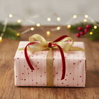 Pink wrapping paper with red hearts, gold and velvet ribbon, perfect for a romantic gift, Valentine's Day, or anniversary.