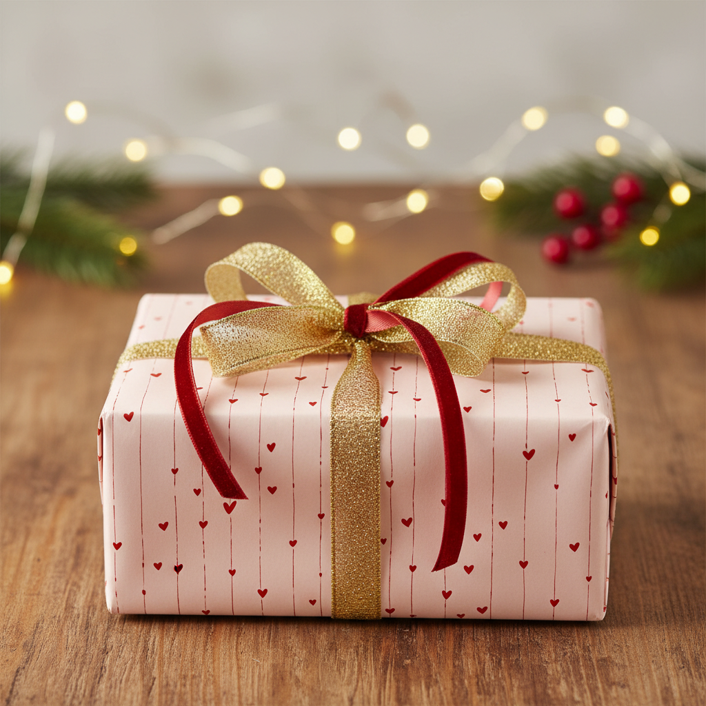 Pink wrapping paper with red hearts, gold and velvet ribbon, perfect for a romantic gift, Valentine's Day, or anniversary.