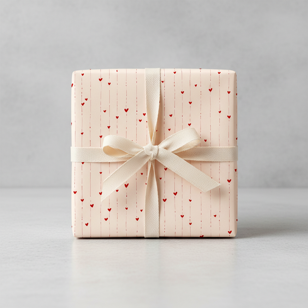 Elegant pink wrapping paper with red hearts and a cream ribbon, perfect for Valentine's Day or romantic gifts.