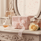 Elegant pink wrapping paper with tiny red hearts and a delicate lace ribbon, perfect for luxury wedding or Valentine's Day gifts.