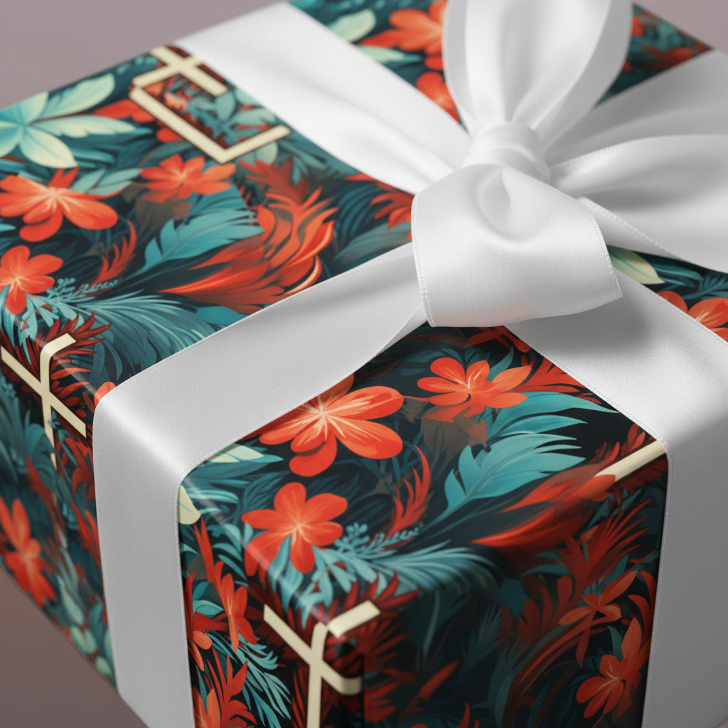 Close-up of a gift wrapped in dark floral wrapping paper with a white satin ribbon, perfect for birthdays or Christmas.