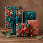 Gifts wrapped in luxury floral wrapping paper with teal and orange ribbon, perfect for birthdays or holidays.