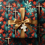 Elegant floral wrapping paper in teal and red, featuring a gold ribbon, bow, and a "Blessed" cross charm.