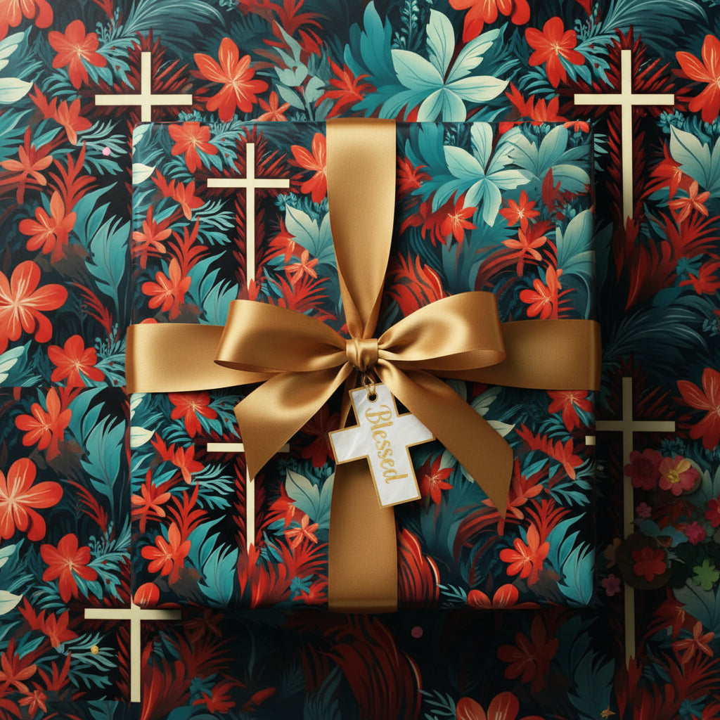 Elegant floral wrapping paper in teal and red, featuring a gold ribbon, bow, and a "Blessed" cross charm.