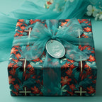 Elegant gift wrapped in dark floral wrapping paper with teal ribbon, bow, and "With Grace" tag.