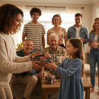 Family exchanging Christmas gift wrapped in floral paper with brown ribbon.