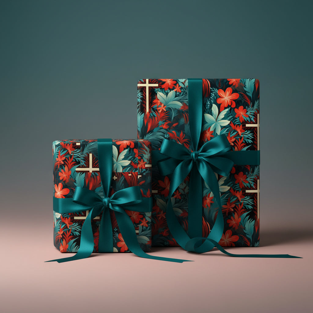 Two gifts wrapped in dark floral wrapping paper with teal ribbon.
