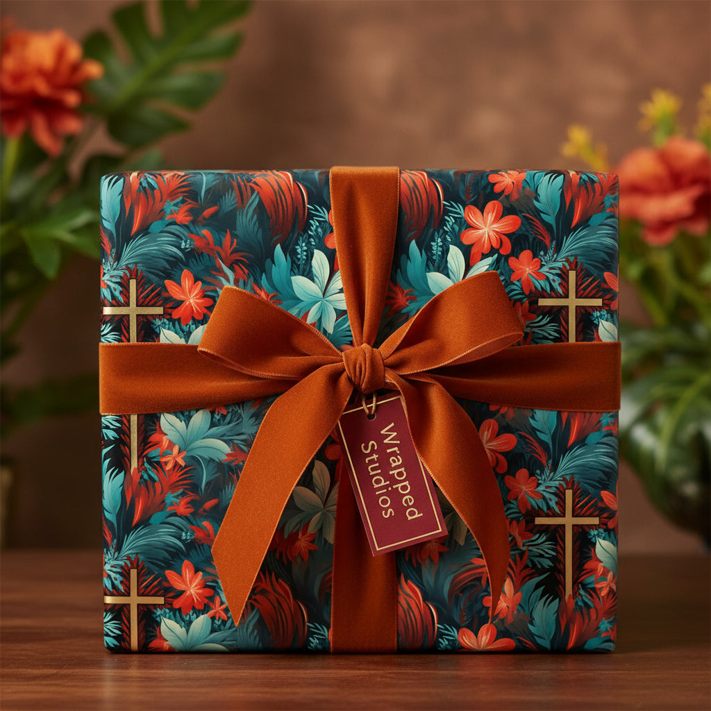 Sophisticated floral wrapping paper with a rust velvet bow, perfect for elegant gift presentation.