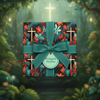Elegant floral gift wrap with gold crosses and teal ribbon, perfect for religious celebrations.