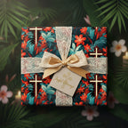 Floral gift box in botanical wrapping paper with gold cross accents, tied with lace ribbon and a "Joyful Blessings" tag.